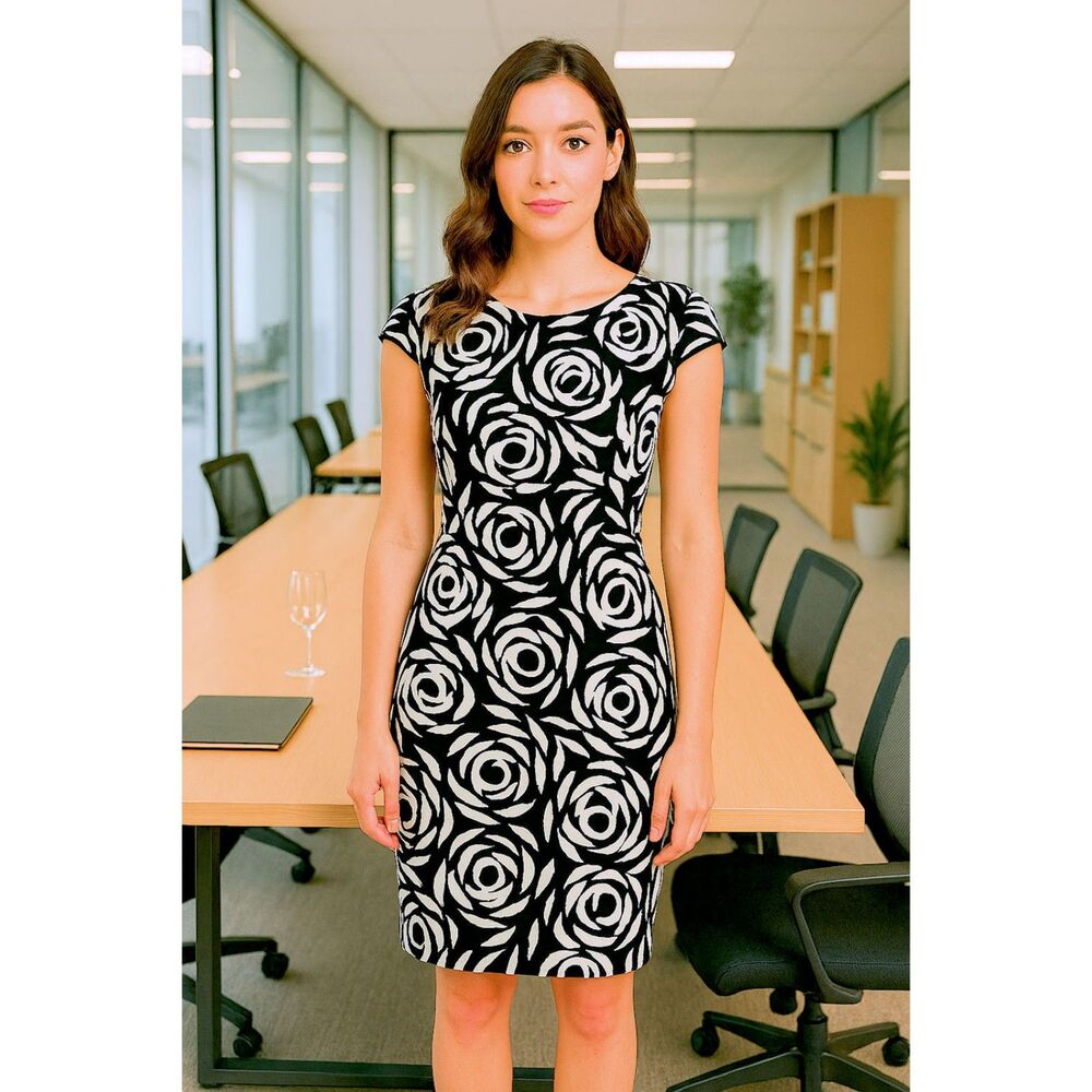 Liz Claiborne Dress 4 Black White Bold Geometric Floral Sheath Puff Cap Sleeves